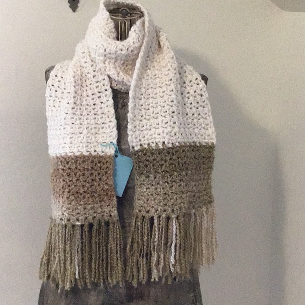 Handle Made Crochet  Scarf Shawl Fringe Ivory Tan